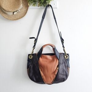 OrYANY Genuine Leather Colorblock Crossbody Satchel 2-Way Handbag Brown Black